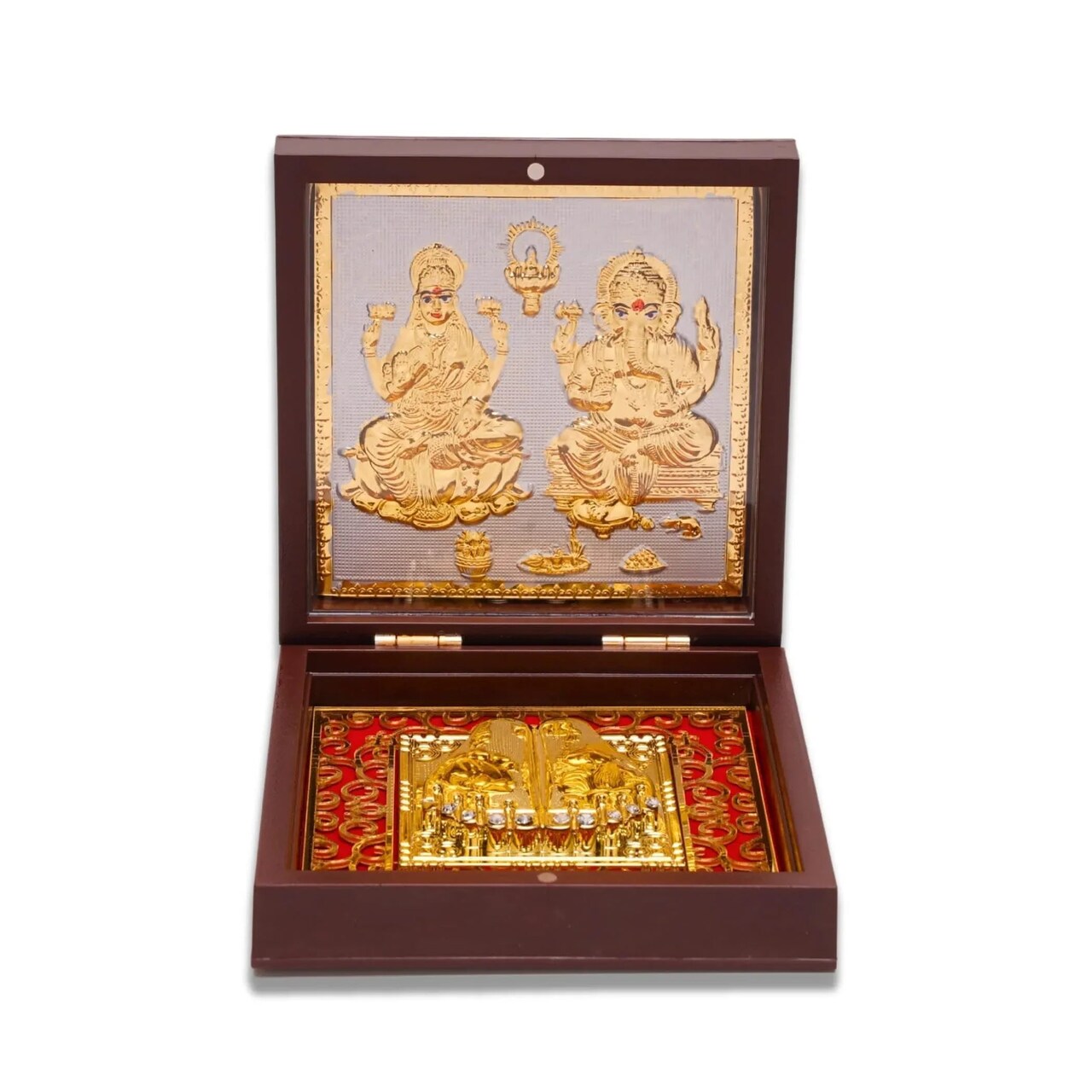 Gold Plated Laxmi Ganesh Photo Frame with Charan Paduka for Diwali Housewarming Return Gift Worship Pooja Room Decor Hindu God Religious Devotional Paduka Prayer Box Momento Prosperity Gift